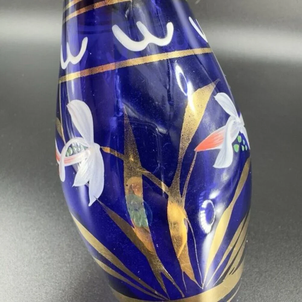 Vintage Bohemian‎ Art Glass Vase Vessel With Hand Painted Flowers Czech Vase VTG